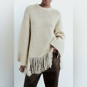 Zara Cream 100% Wool Fringe Hem Sweater